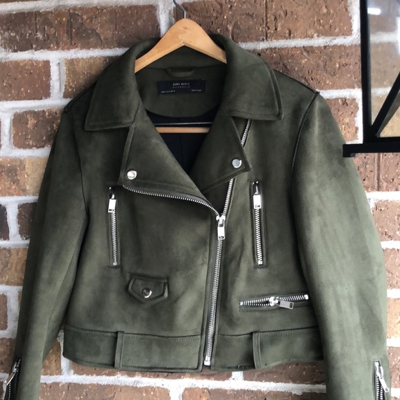 ZARA Basic Green Suede Effect Cropped Biker Jacket Authentic Designer Wear - Picture 5 of 9